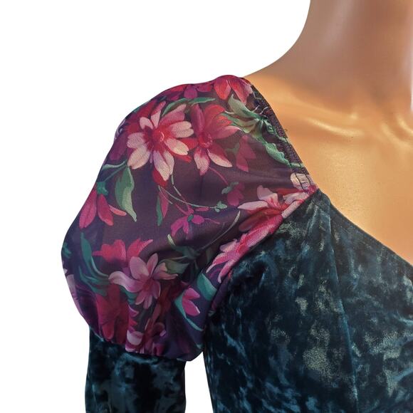 Vintage USA XS/S Velvet Mixed Media Floral Dress Whimsygoth Castlecore Fairy - Picture 2 of 12